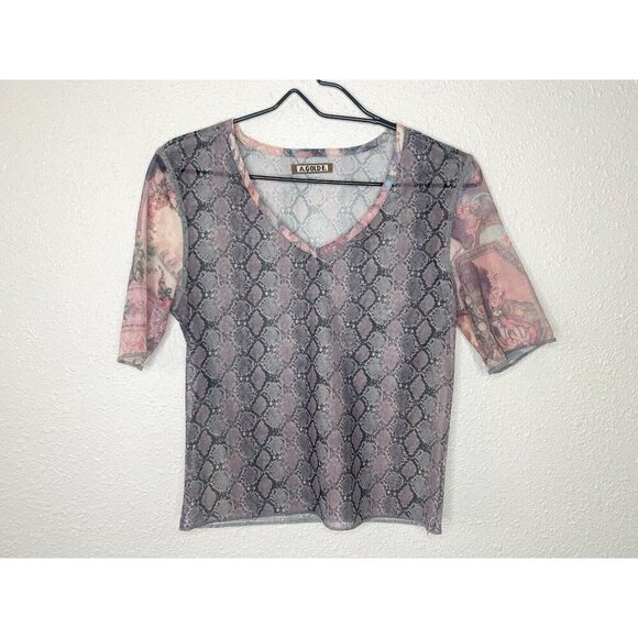 AGOLDE Vintage Mesh Top Y2K 00s Sheer Small Snake Print Mixed Media Romantic - Picture 1 of 10